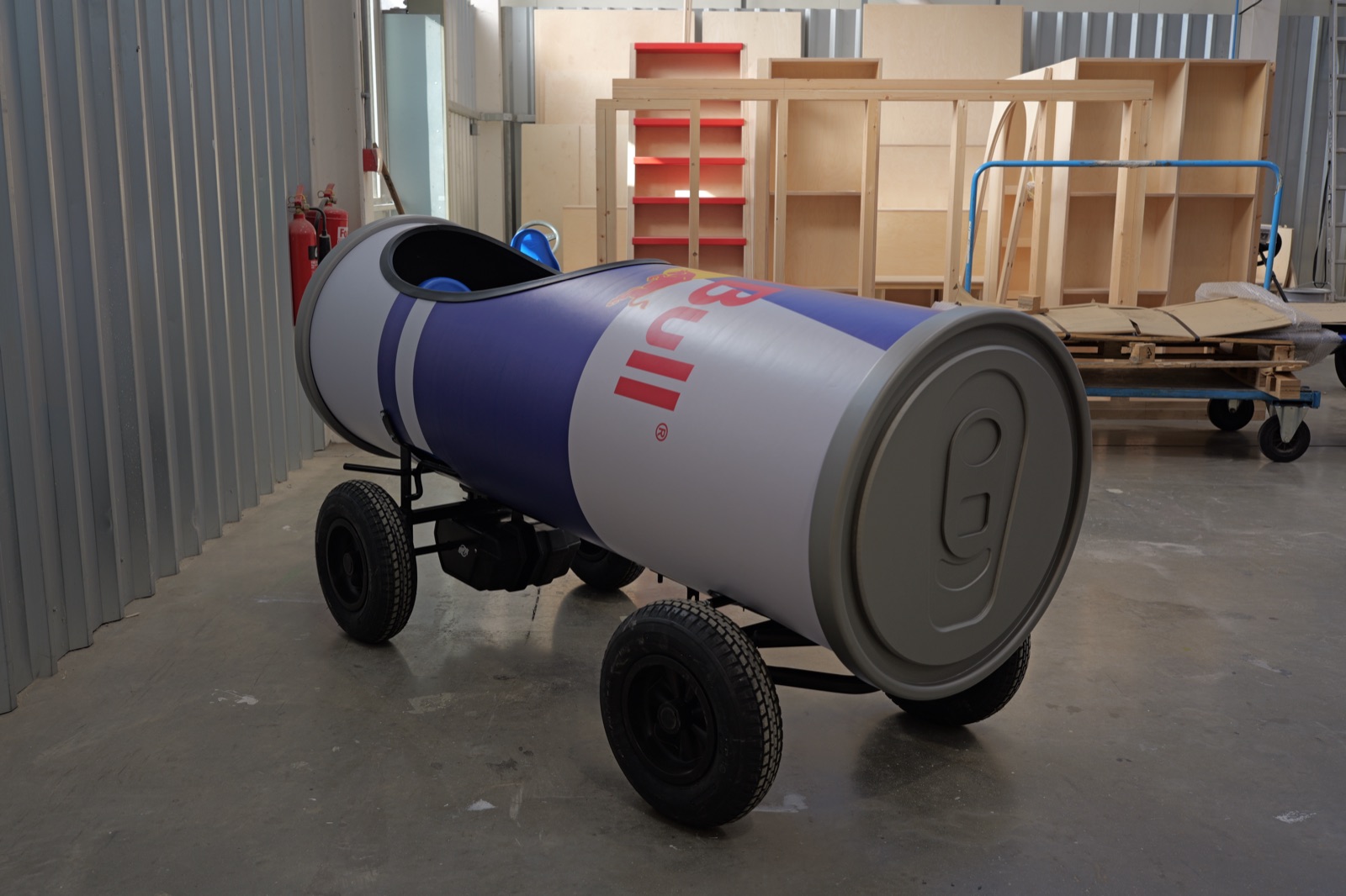 Red Bull soapbox kart with a CNC-cut plywood body