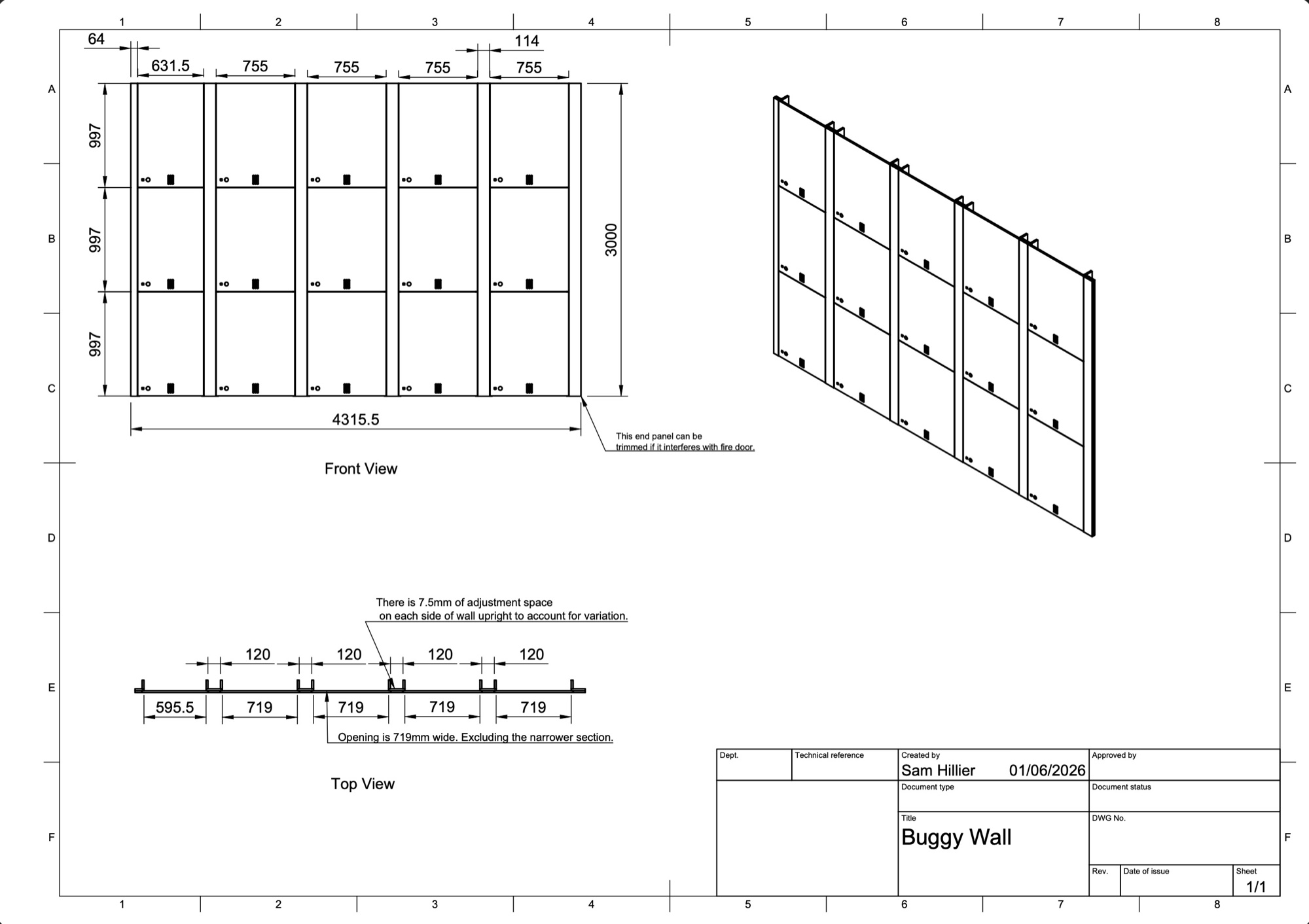 Technical drawing for a custom buggy wall storage unit